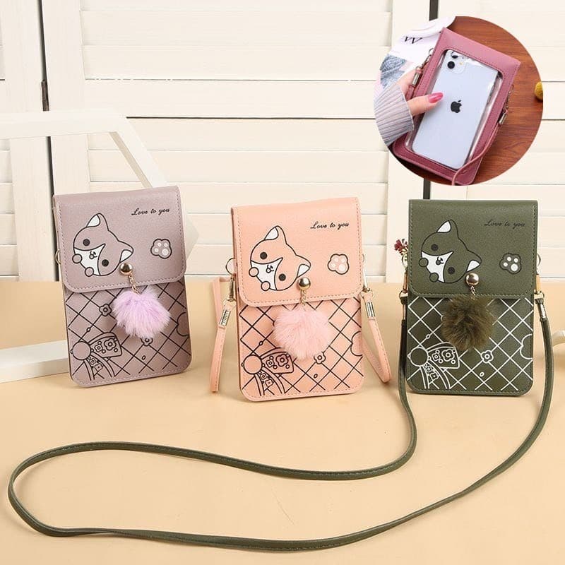 gatinho Mochila feminina de ombro para celular com tela sensível ao toque.
