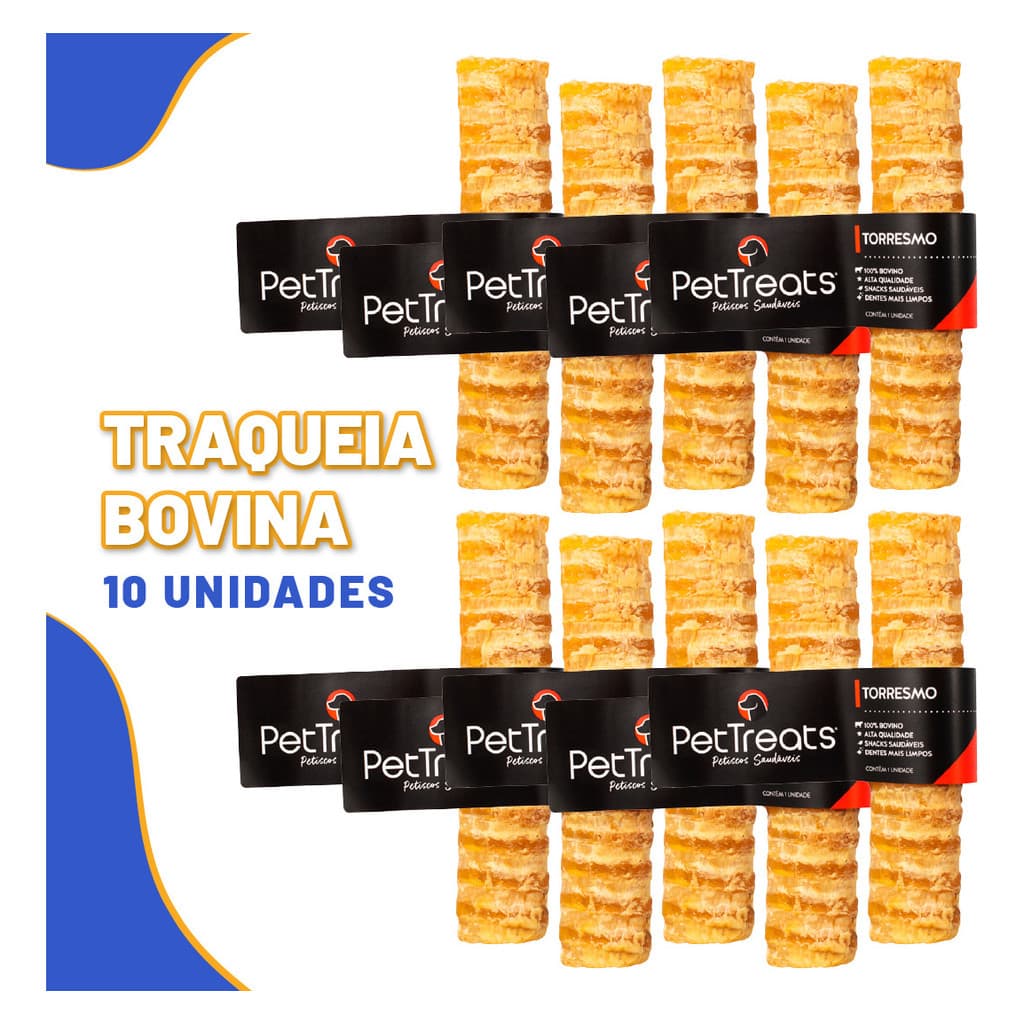 Traqueia Bovina Natural Para Cães Kit 10 Un Mordedor Pet