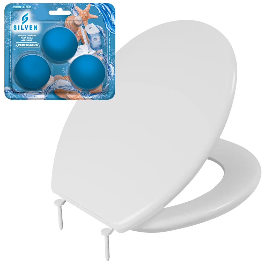 Assento Sanitário Oval Almofadado Universal Slim Astra + 3 Bloco Caixa Acoplada Cheirinho Perfumado
