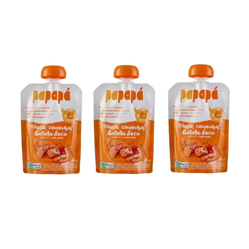 Kit 3x Papinha Orgânica Maçã Cenoura Batata-Doce Papapá 100g
