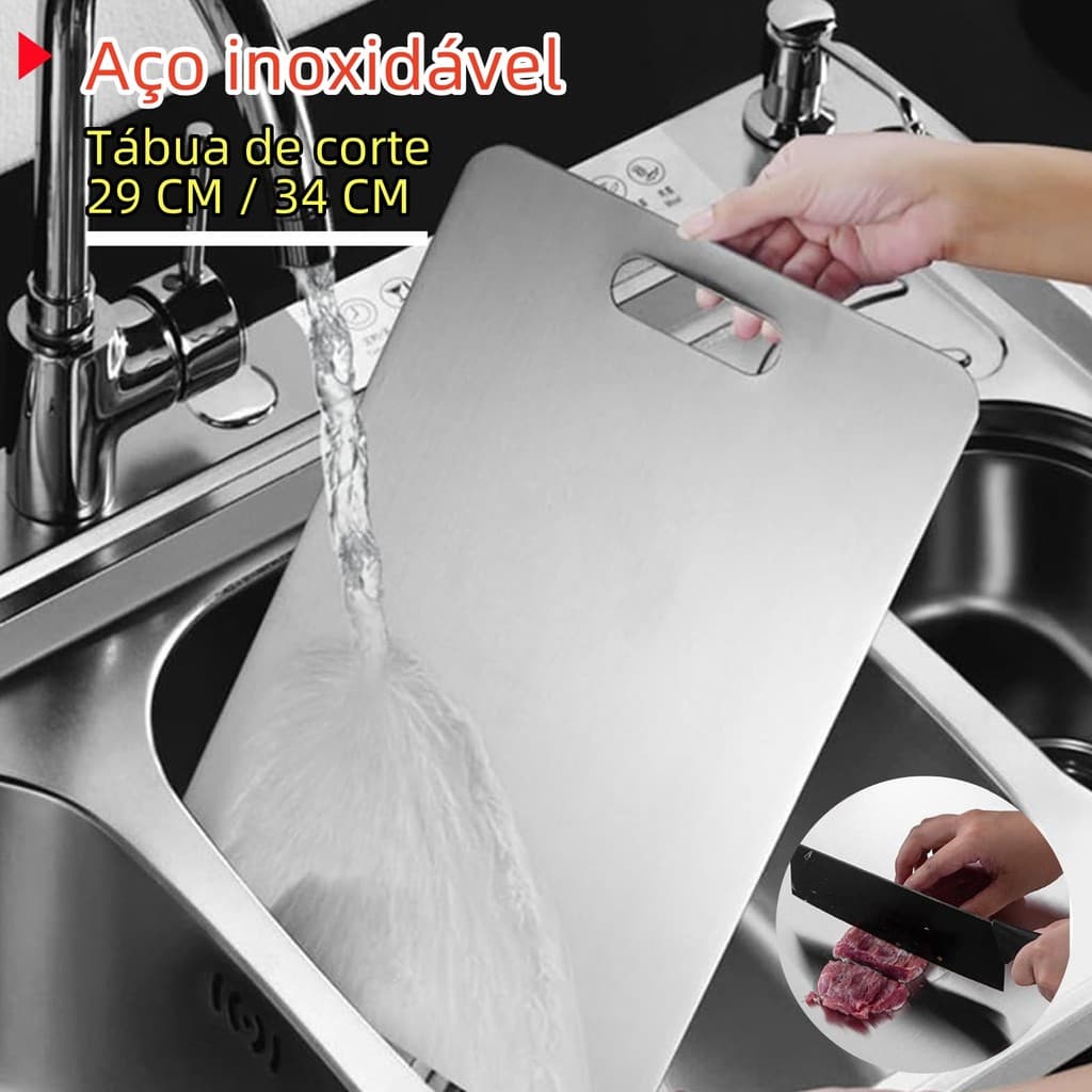 Tábua de corte em aço inox de alta qualidade – versátil, higiênica e durável, com opções de 29cm e 34cm