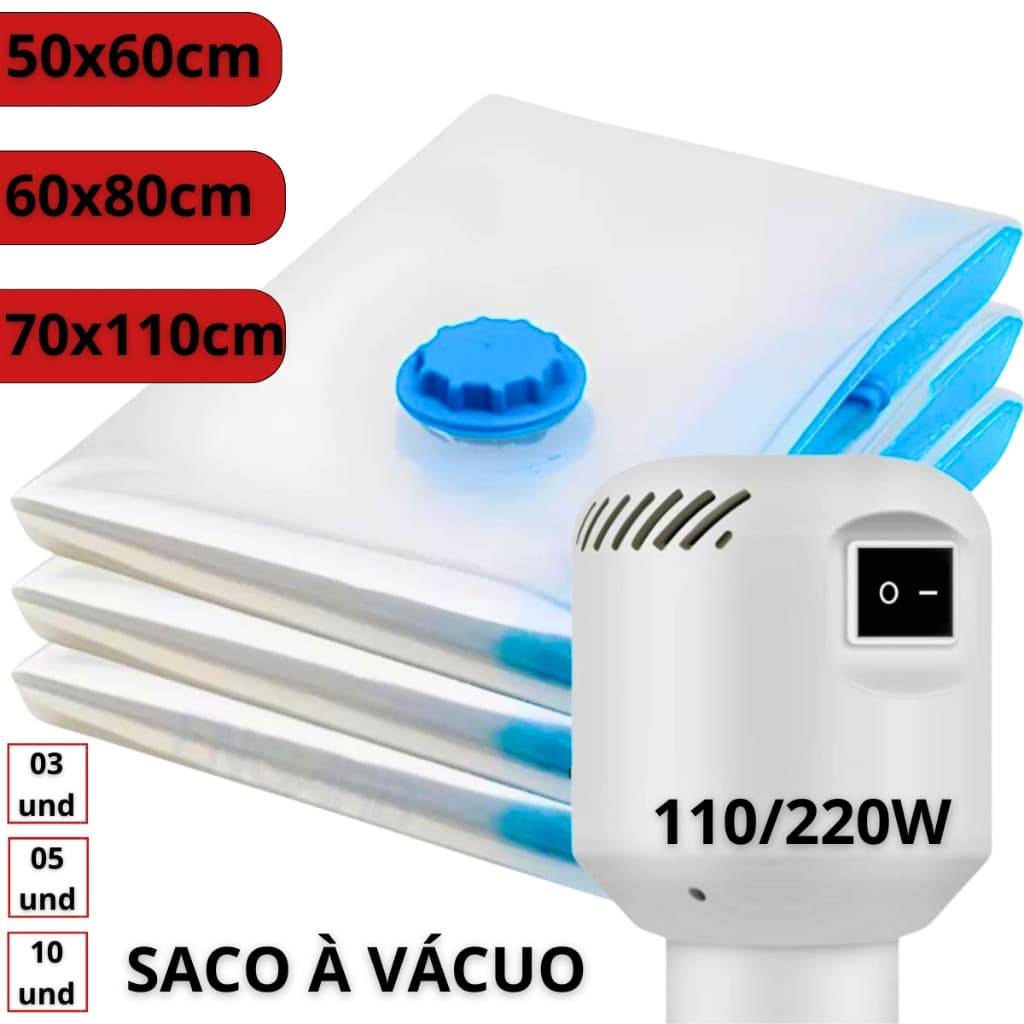 Kit 10 Saco a Vácuo + Bomba Elétrica 110v 220v Guarda Roupas Organização