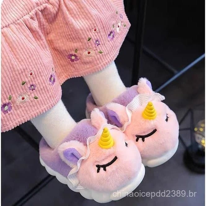 Chinelos De Unicórnio Cartoon Para Crianças De Interior Plataforma Infantil Sapatos De Pelúcia Quentes Antiderrapantes