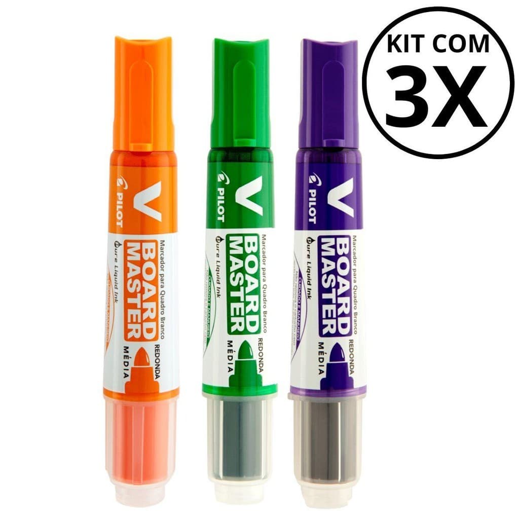 Kit com 3 Marcadores Para Quadro Branco - PILOT/ PILOTO KITS:VERDE+VIOLETA+LARANJA