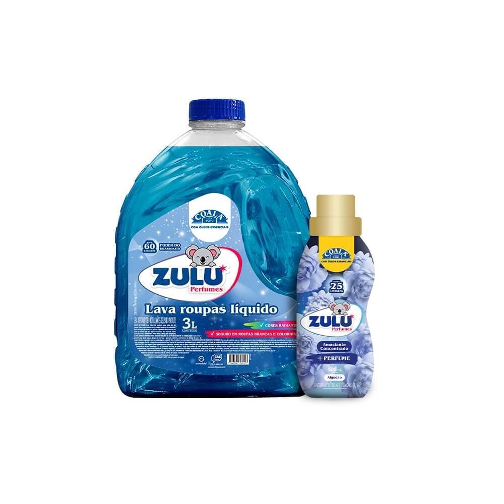Kit Zulu Perfumes/Coala 1 Lava Roupas Liquido 3L+1 Amaciante concentrado 500ml-Algodão