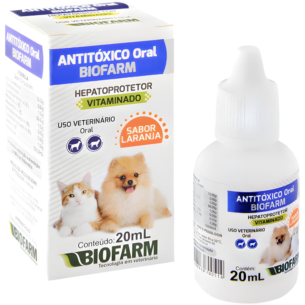 Medicamento Remédio Antitóxico Para Animais Cães e Gatos Via Oral Sabor Laranja Biofarm 20ml
