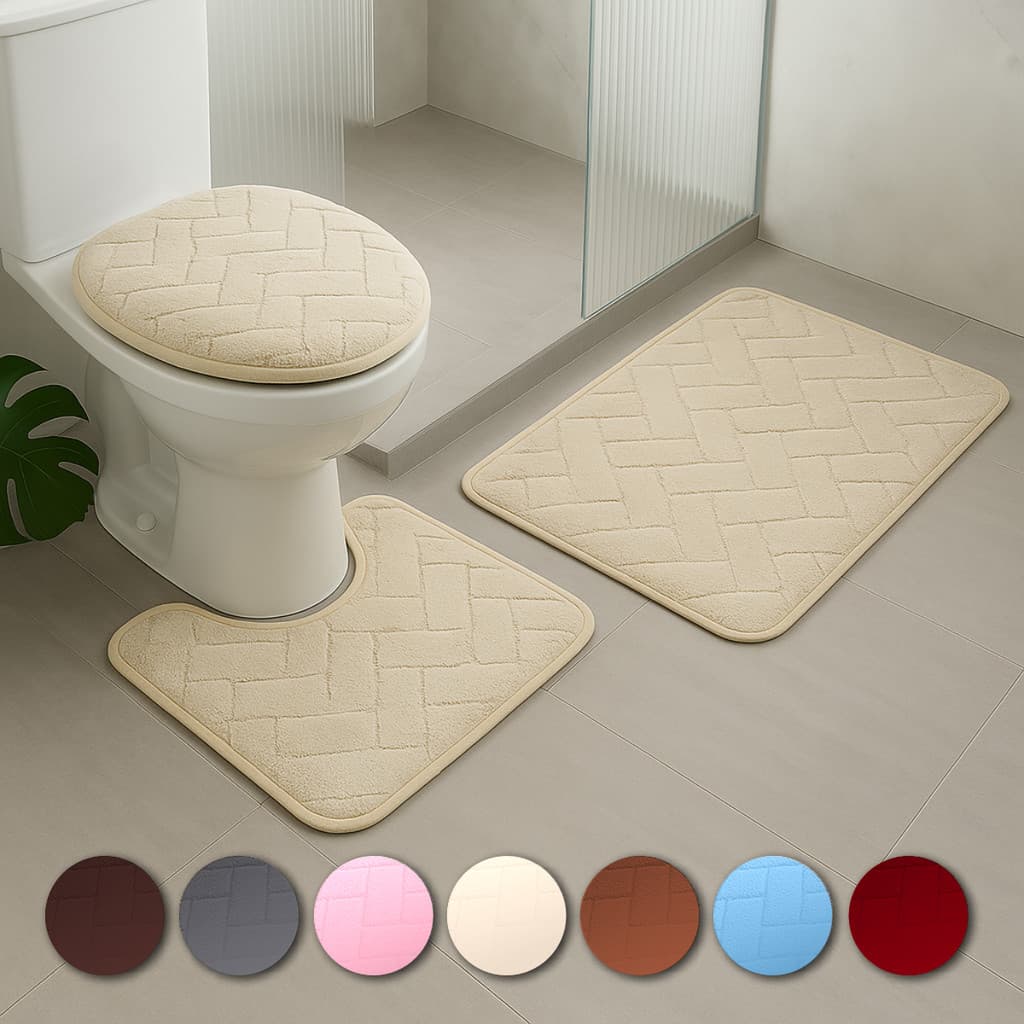 Kit Jogo 3 Peças Tapete Banheiro Premium Estampas Toque Macio Peluciado Antiderrapante Várias Cores