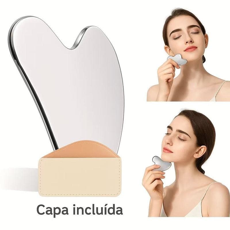 Placa Gua Sha Inox 95g com Capa – Massagem Facial, Skincare, Antirugas e Drenagem Linfática