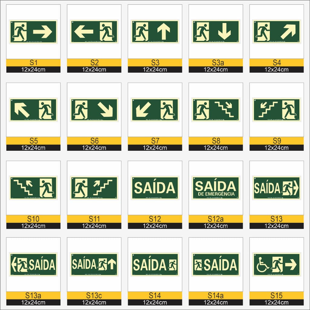 Kit 5 Placas de Sinalização de Emergência Fotoluminescente Antichamas
