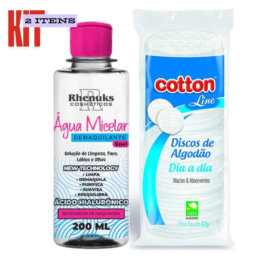 Kit Água Micelar Demaquilante Rhenuks + Algodão Disco Cotton Line 37g
