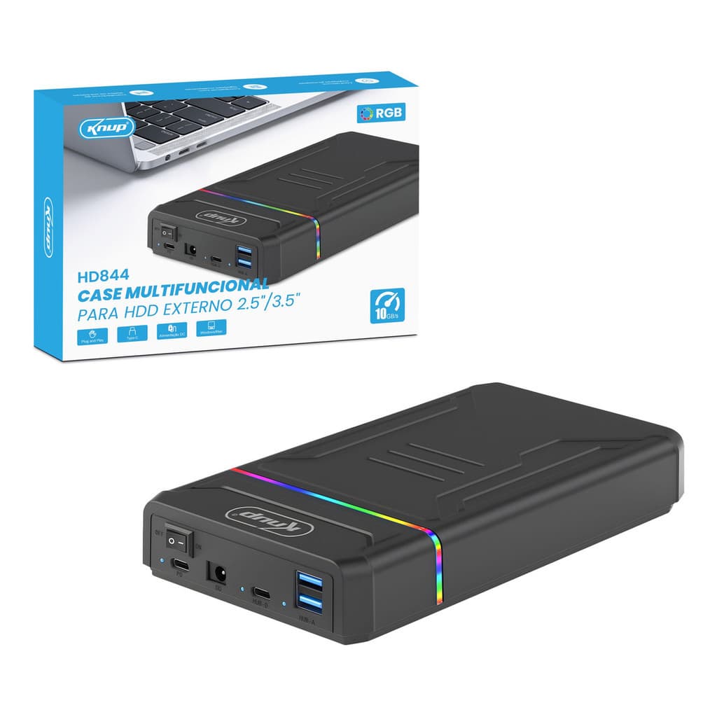 Case RGB Multifuncional Para Hdd/SSD/M.2 NVME Externo 2,5/3,5" Com Fonte KNUP hd844