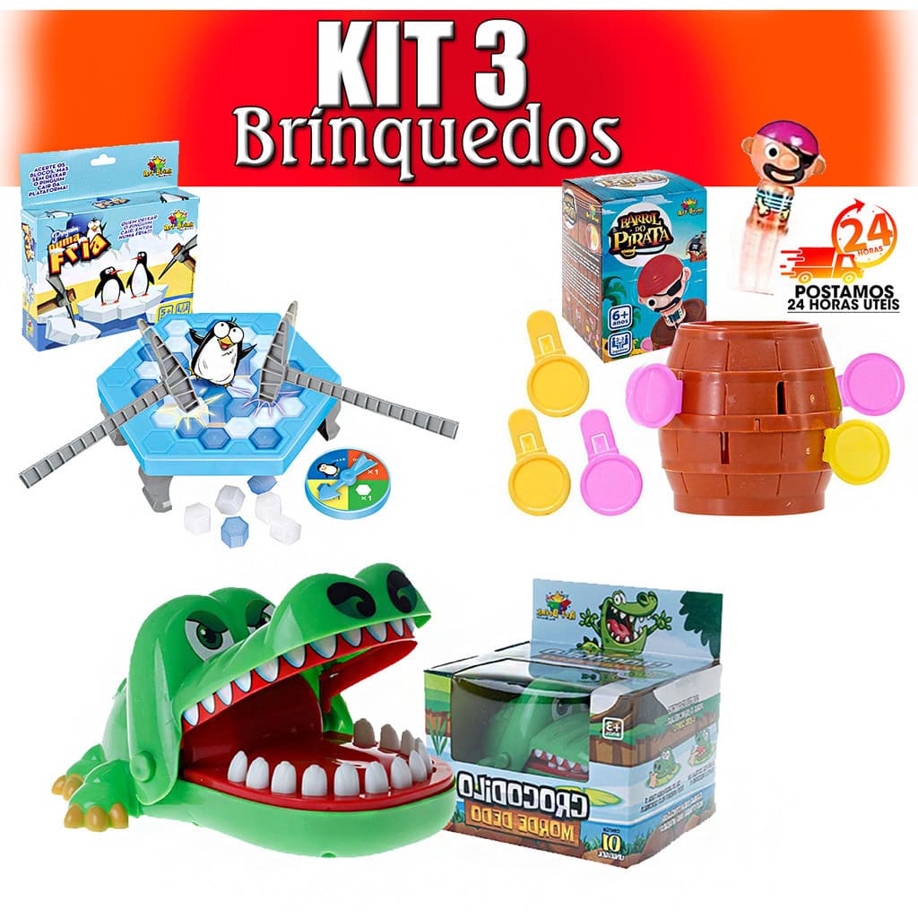 Kit 3 BRINQUEDOS Barril Pula Pirata + Crocodilo Morde Dedo +Pinguim quebra gelo Jogo Tabuleiro Mesa