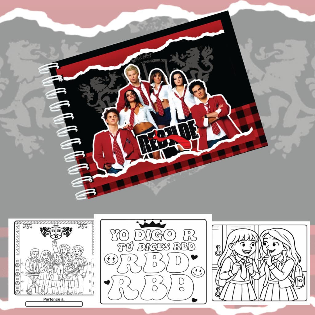 Livro de Colorir Rebelde RBD 50 folhas A5 180g Acompanha Acetato Reposicionável PRONTA ENTREGA