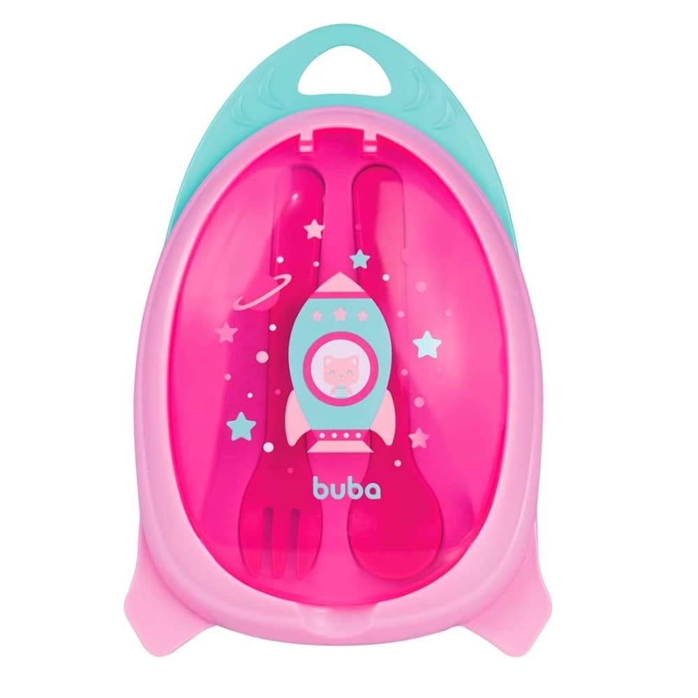 Kit Alimentação Infantil de Foguete Rosa com Colher e Garfo