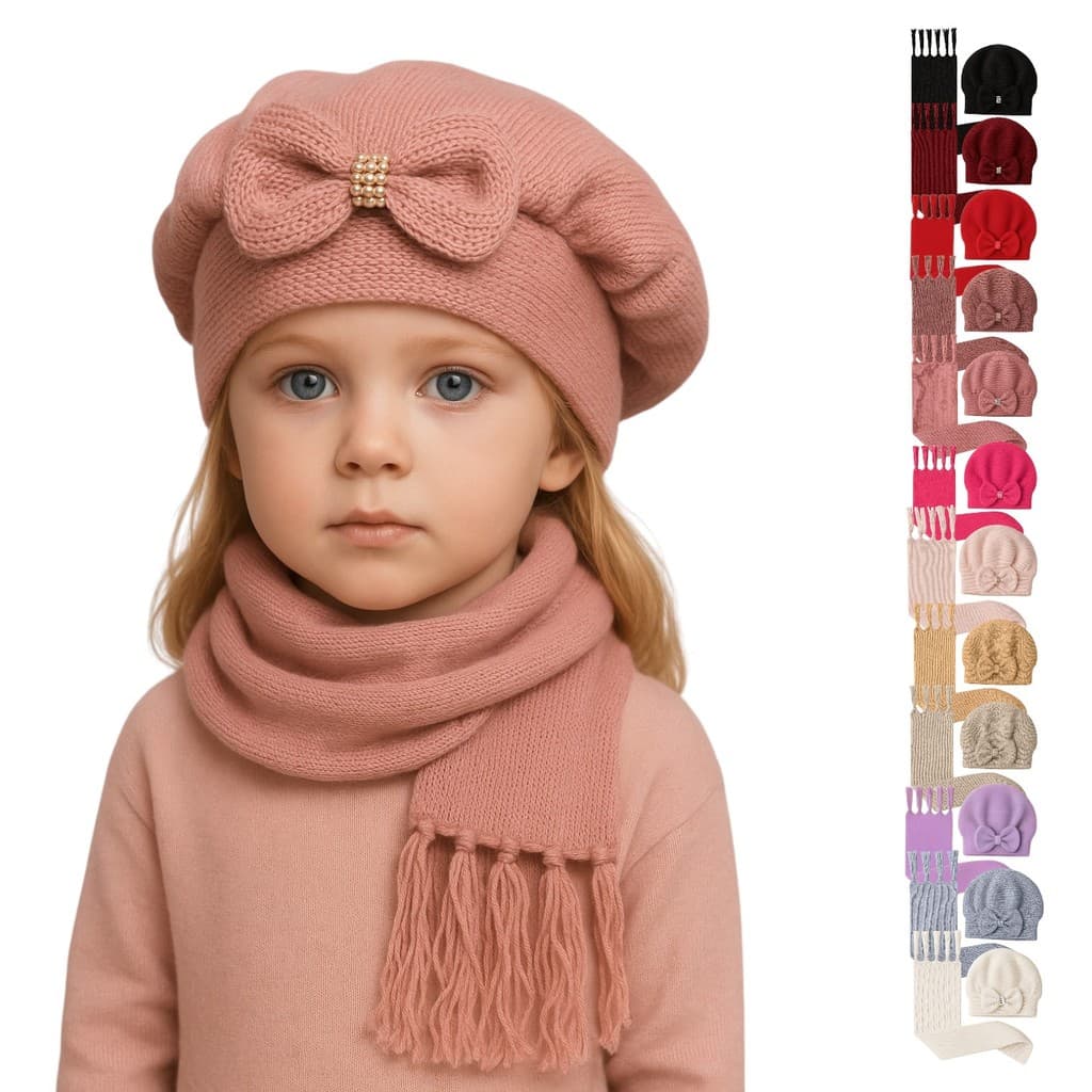 Kit Boina e Cachecol Infantil de Lã com Laço Várias Cores
