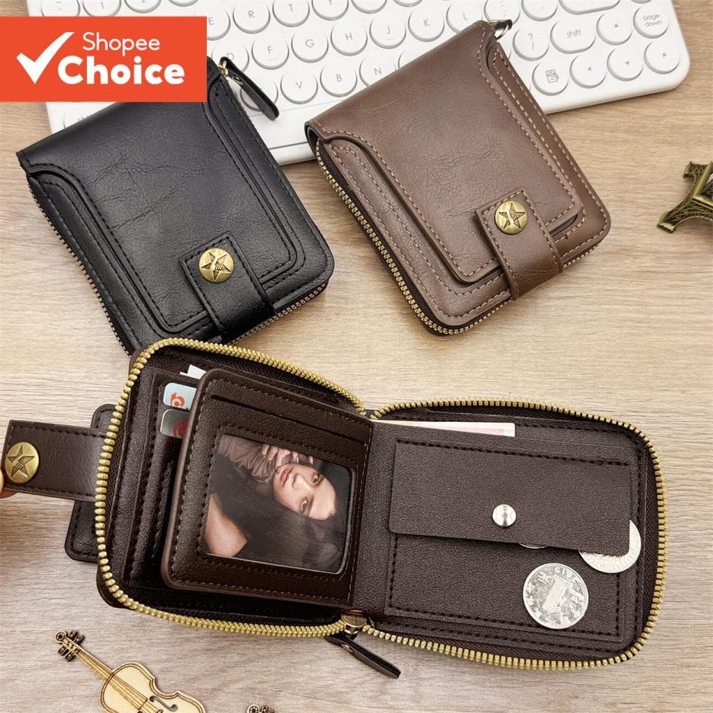 Carteira Masculina De Couro PU Vintage-Bolsa Curta Com Zíper E Fecho De Ferrolho