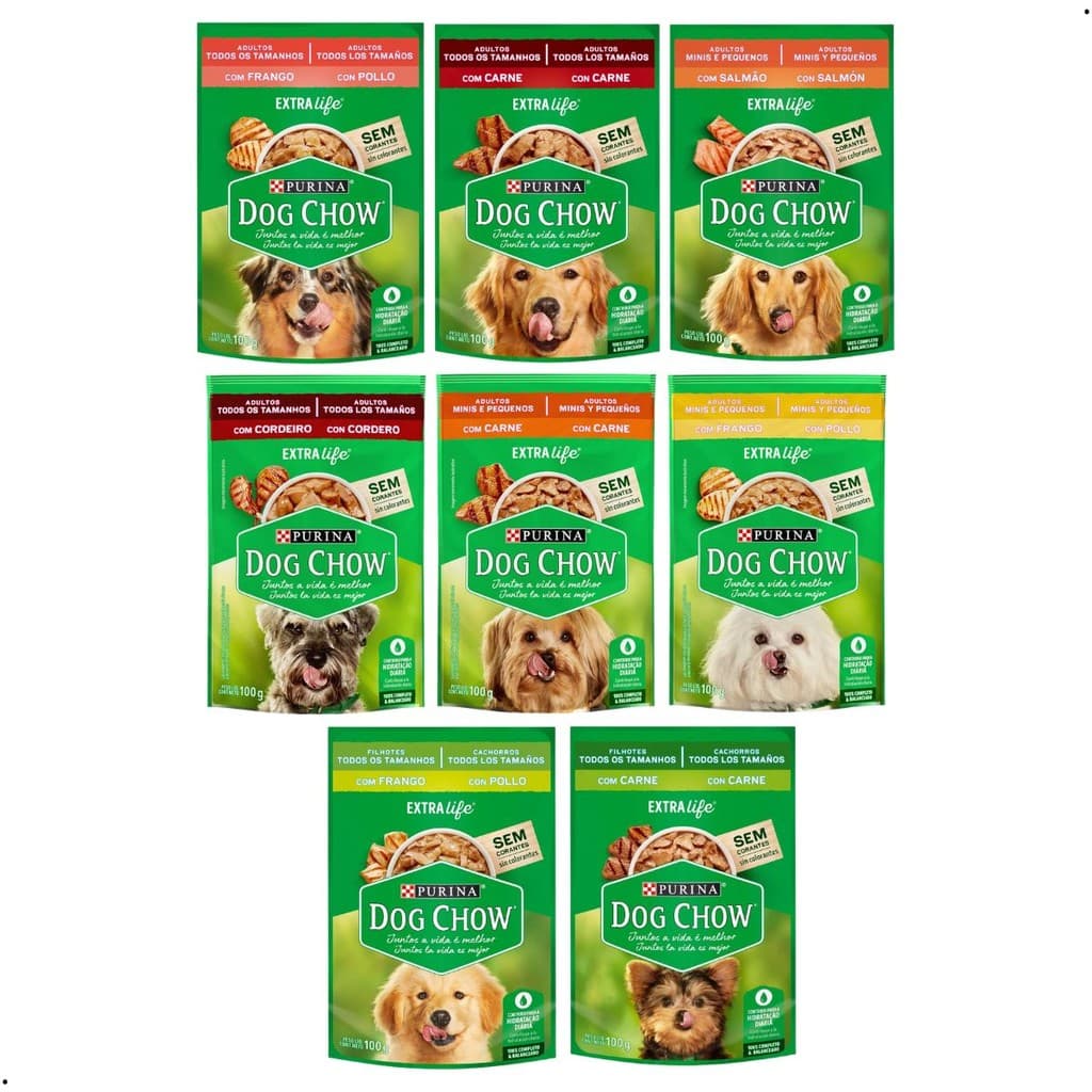 Kit 15 Sachês Dog Chow 100g Alimento Úmido Cães Adultos Filhotes Frango Cordeiro Carne Salmão