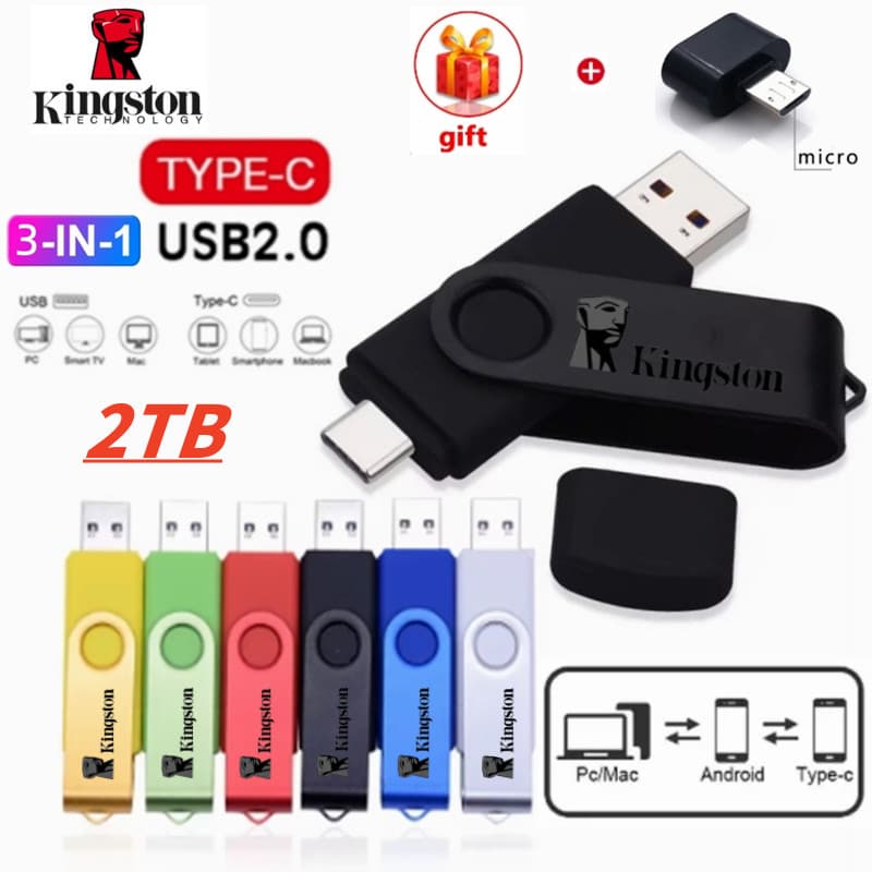 kingston 2TB 3 Em 1 Unidade flash OTG Tipo-C USB Micro Drive 1TB 512GB 256GB 128GB 64GB Pendrive Pen De Alta Velocidade 