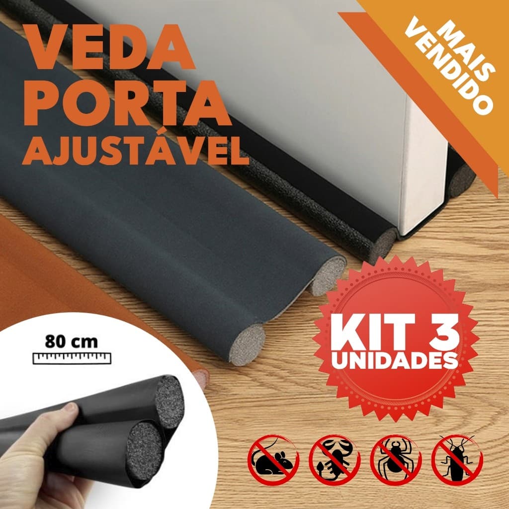 Kit 3 Veda Porta Proteção Ajustável Protetor de Porta Rolinho Duplo 80cm Comprimento