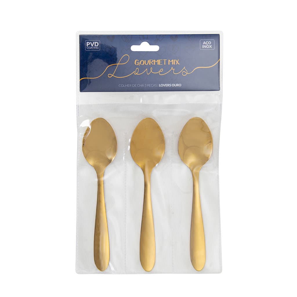 Kit 3 Colheres de Chá Dourado Aço Inox Restaurante Cozinha Gourmet Mix