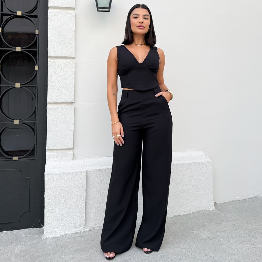 Conjunto Top Decote em V e Calça Wide Leg Marrant Lívia Coleção Outono/Inverno Lunii