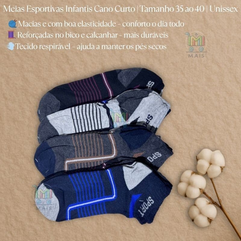 Kit 3/6/12 Pares de Meias Esportivas Infantis Cano Curto | Tamanho 35 ao 40 | Unissex