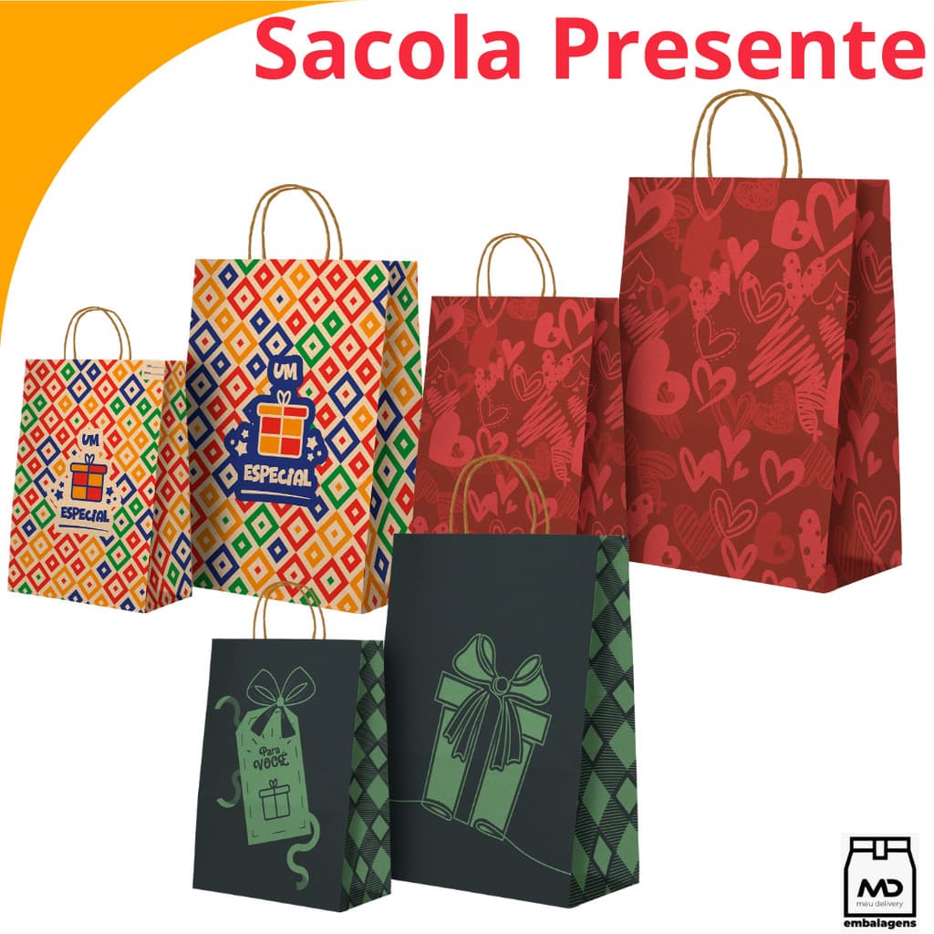 Sacola Papel Kraft Presente 10 unidades escolha seu modelo e tamanho P ou G Presente Natal