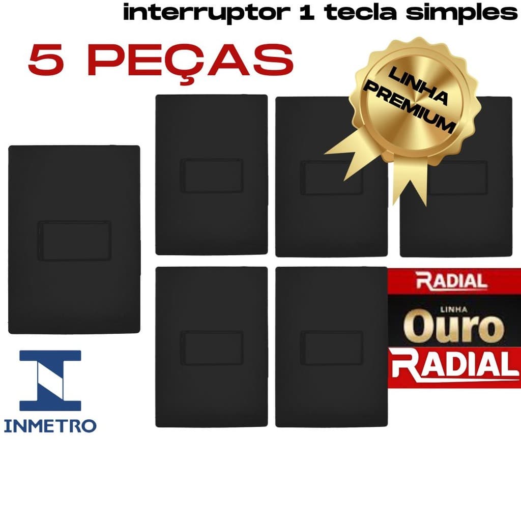 Kit 5 Interruptor 1 Tecla Simples Linha Ouro Preto Fosco Modular 4x2 Com Placa 110-220v
