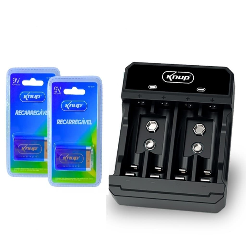 Kit Carregador Bateria Pilha Aa/aa + 2 Baterias Recarregável 9v Knup 450mah Original (S29)