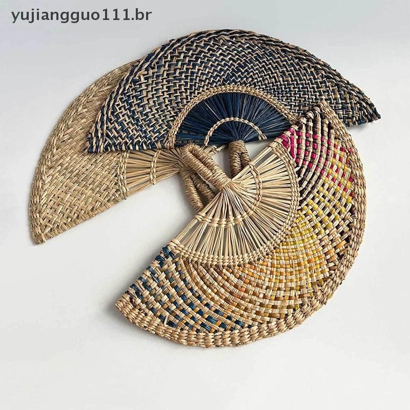 # Novo Ventilador De Palha Tecido À Mão Decorativo Artesanal Semicircular Resfriamento De Verão Portátil Presente Decora