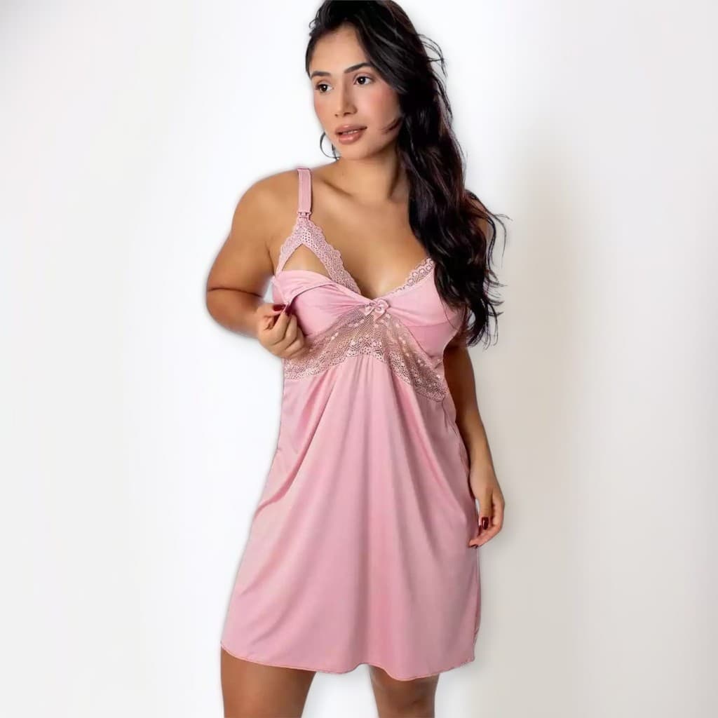 Camisola Amamentação Pós Parto Gestante com Click Renda Alça Reforçada Larga Maternidade