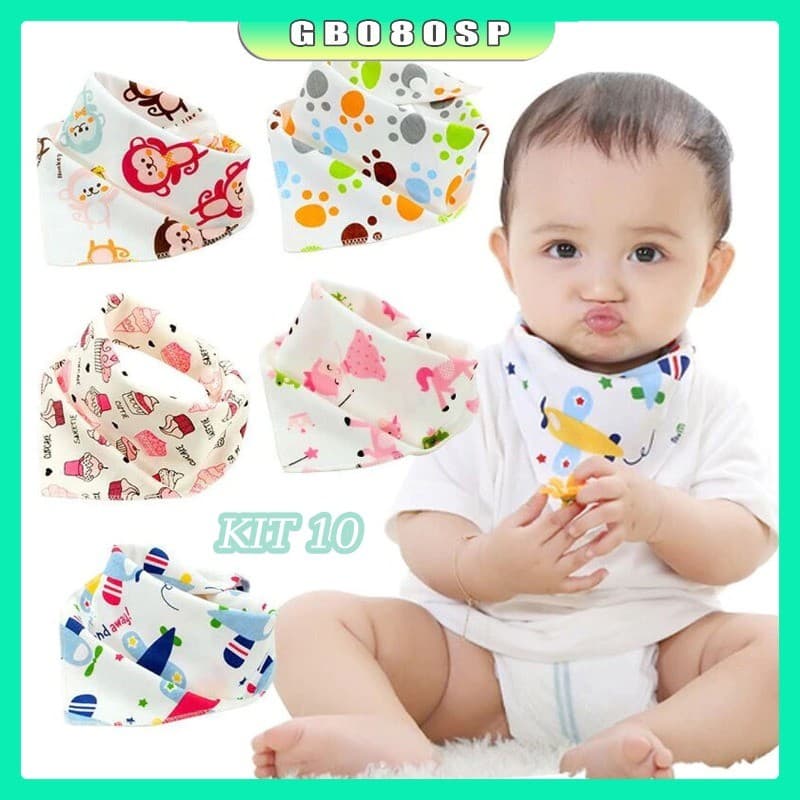 Kit C/10 Babadores Bandana Infantil Dupla Face Babador Bandana Menino Menina Com 2 Botões