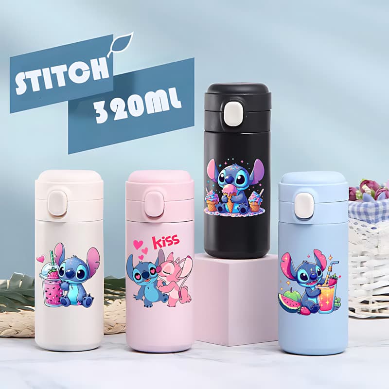 Garrafa Infantil StitchTérmica 320ml Mini Escolar Enjoy Botão Resistente