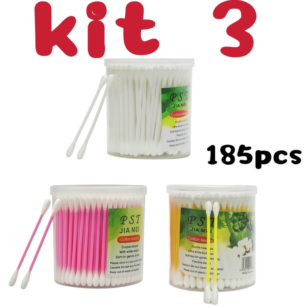 Kit 3  Cotonetes Hastes Flexíveis + Pote com 185 Unidades
