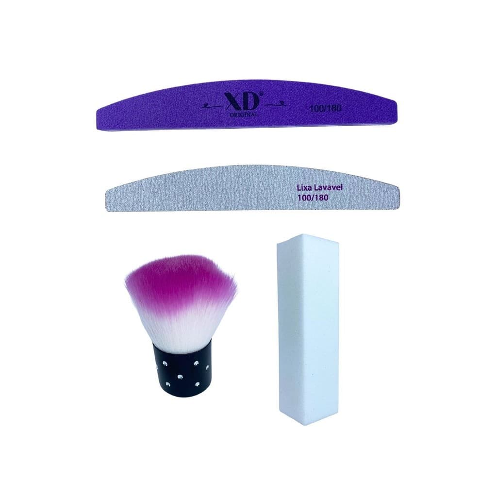 Kit Limpeza Básico Lixa Bloco + Lixa Boomerang 100/180 + Lixa Buffer + Escova limpeza ou Kabuki - Unhas