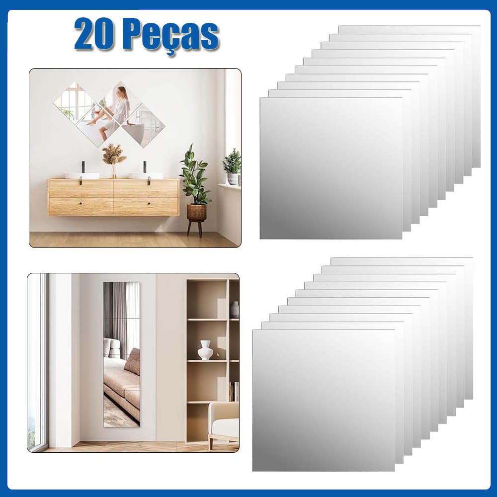 Conjunto de 20 peças espelho de parede decorativo quadrado de 20x20cm cm