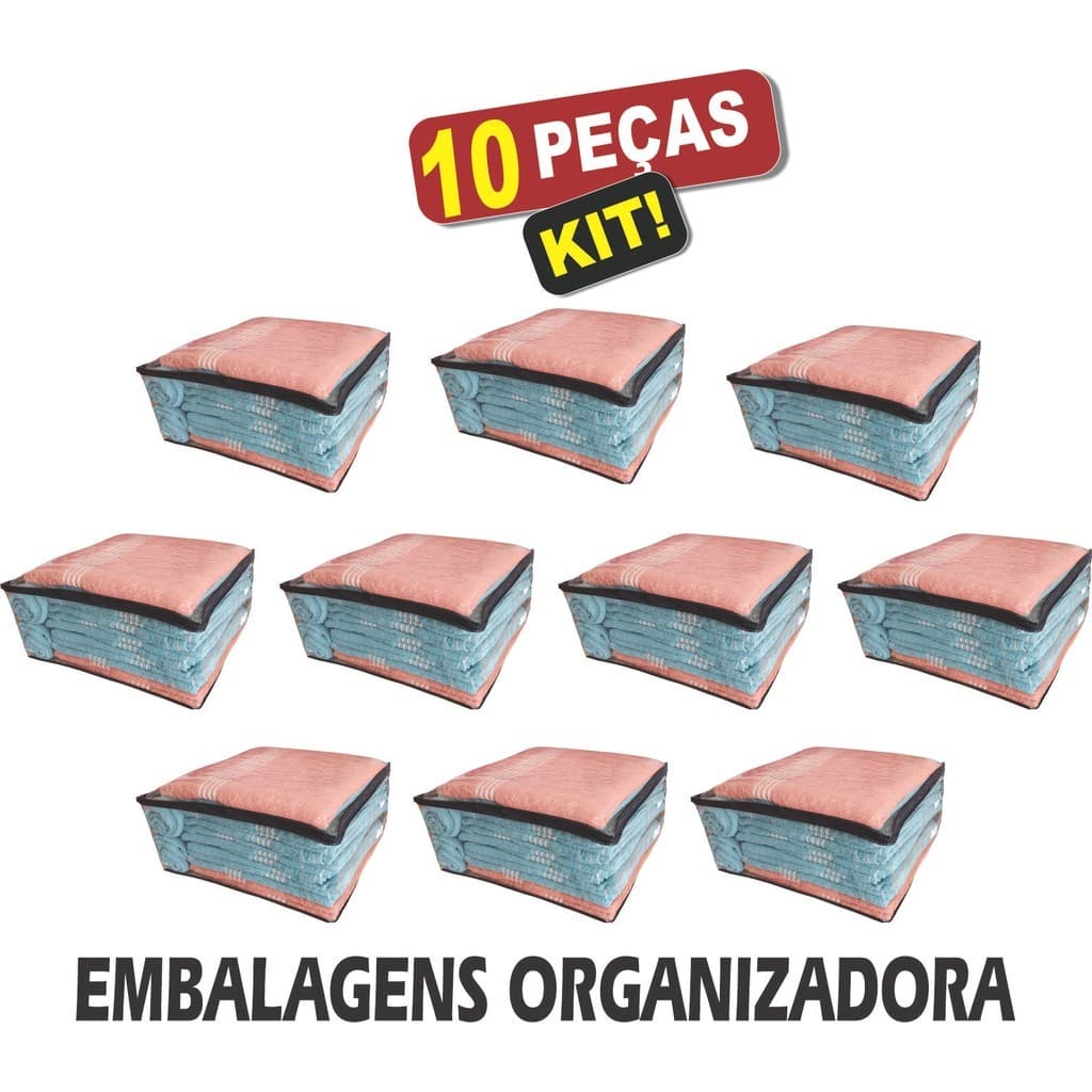 Kit 10 Saco zíper Organizador Cobertor Casaco Guarda Roupa Anti-Poeira Anti-Umidade Multiuso 48 x 42 x 24