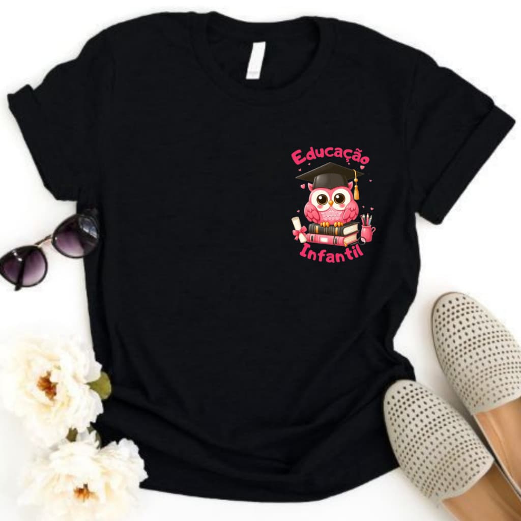 Camiseta Blusa Feminina Educação Infantil Coruja T-Shirt Estampada 100% Algodão