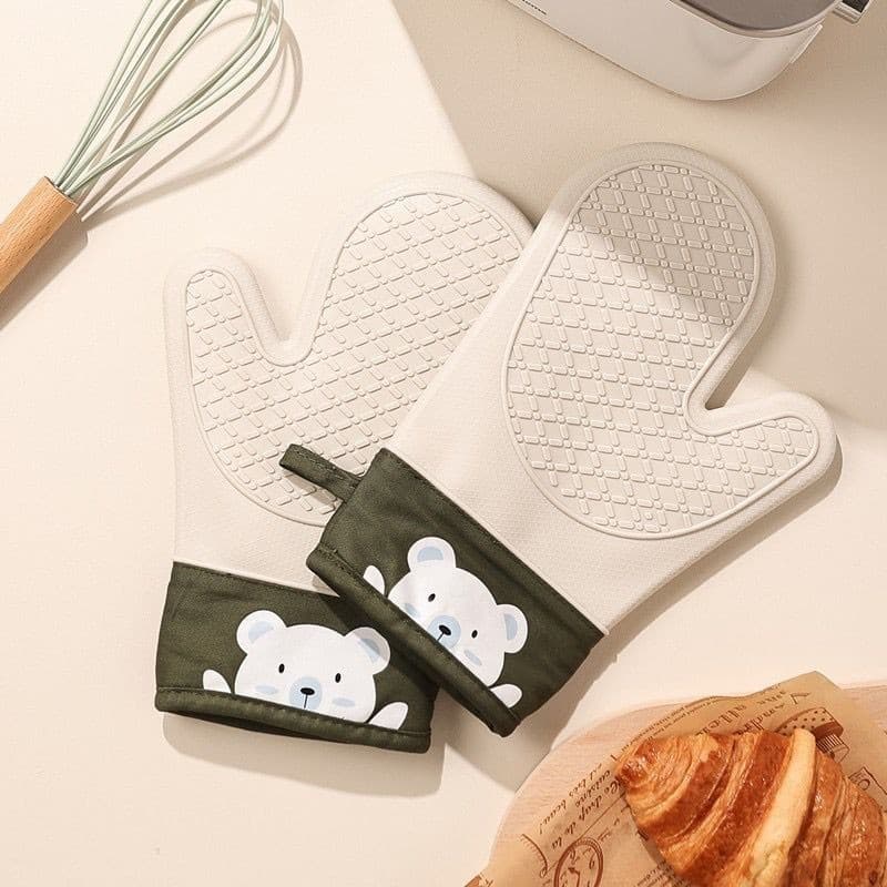 1Par ou 1 Unidadade De luvas Isoladas  Silicone Espessado Cozinha Assar  Forno Especial Branca com verde