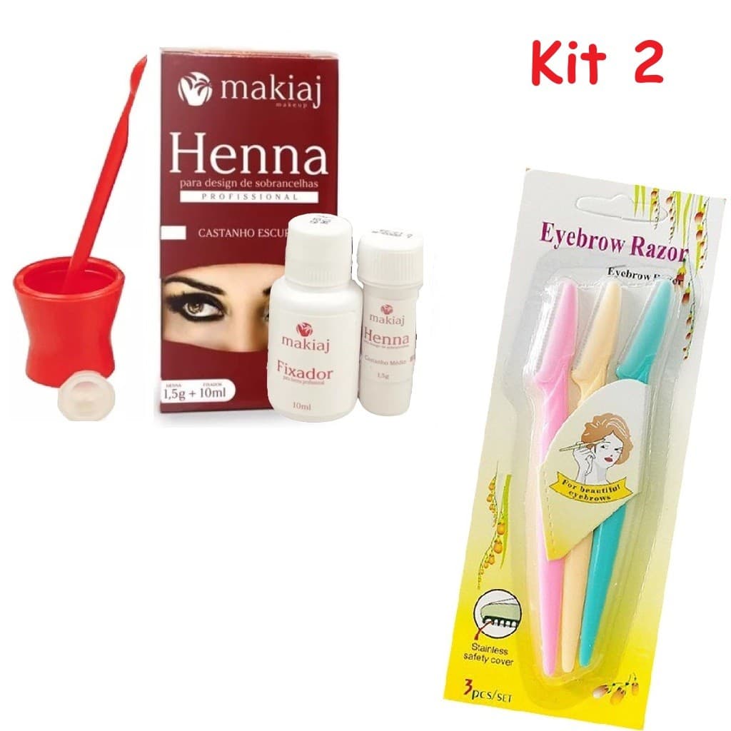 Kit Sobrancelha Henna Makiaj e 3 Lâminas Navalha Sobrancelha