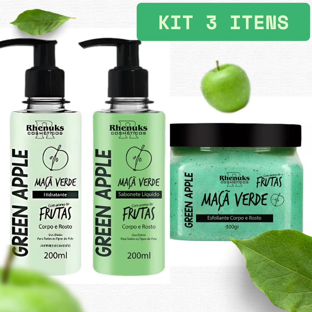 Kit Sabonete Líquido + Creme Hidratante + ESFOLIANTE Maçã Verde Corpo e Rosto