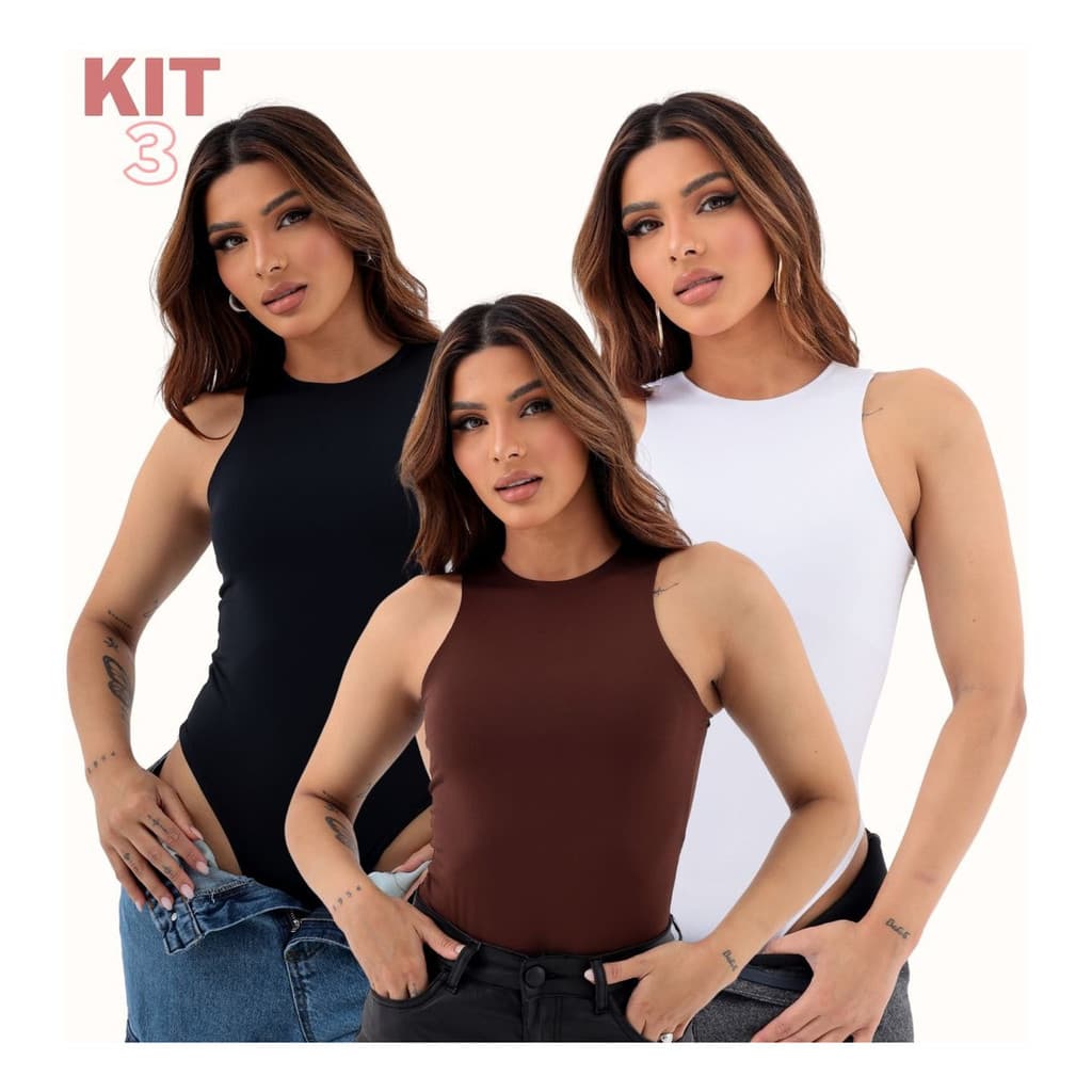 KIT 03 Body Feminino Regata Básico Collant Liso Blusa Feminina Bory