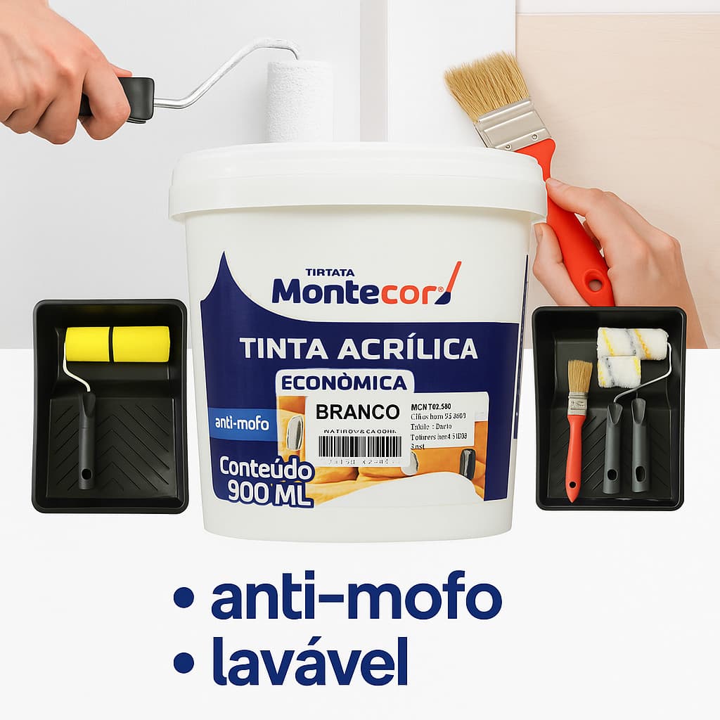 Tinta Acrílica 1/4 900ml Branco Fosco Lavável e Anti Mofo C/ 3 Opções de Kit de Pintura Inclusos