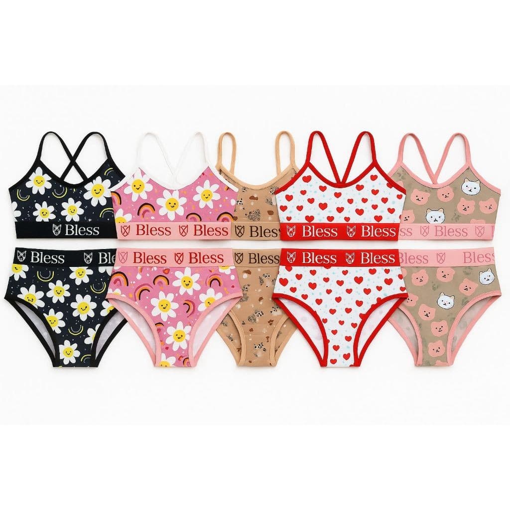 Kit 5 Conjuntos Juvenil pré adolescente Calcinha e Sutiã Estampados Cores Sortidas