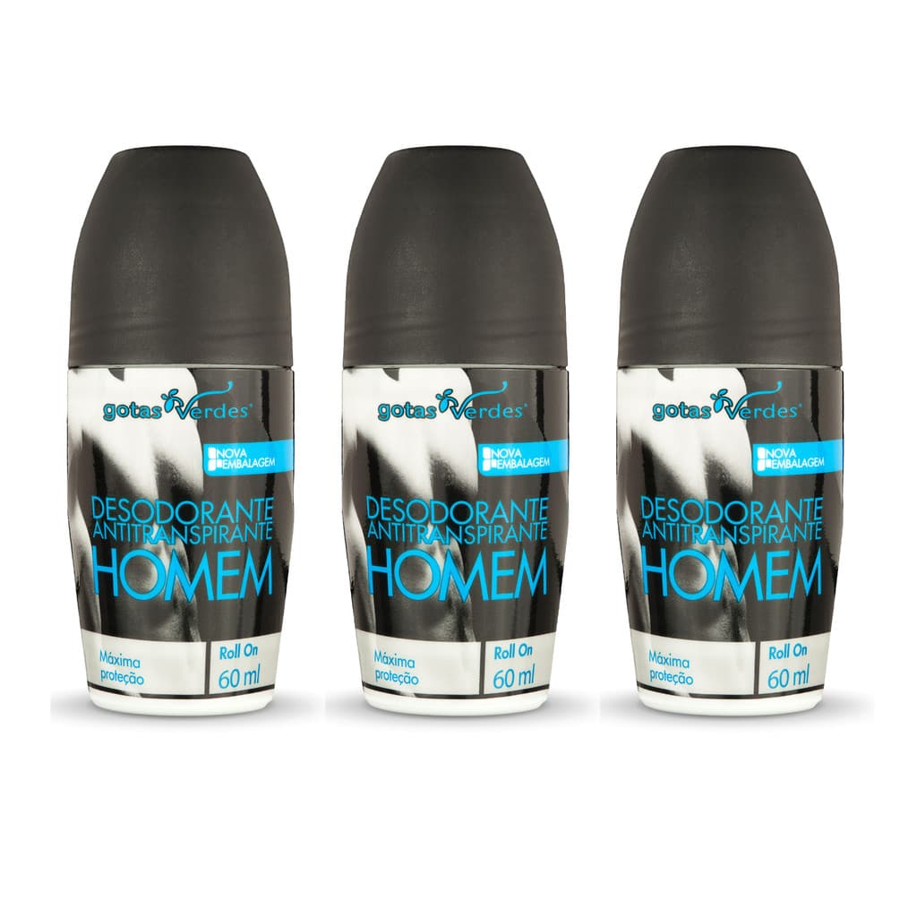 Kit Desodorante Antitranspirante Roll On Homem Gotas Verdes com 3 unidades