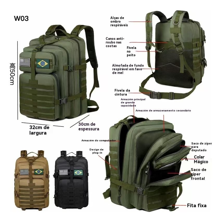 Mochila Tática Camping Militar 50 Litros Resistente A Água W03 Yobel.Loja