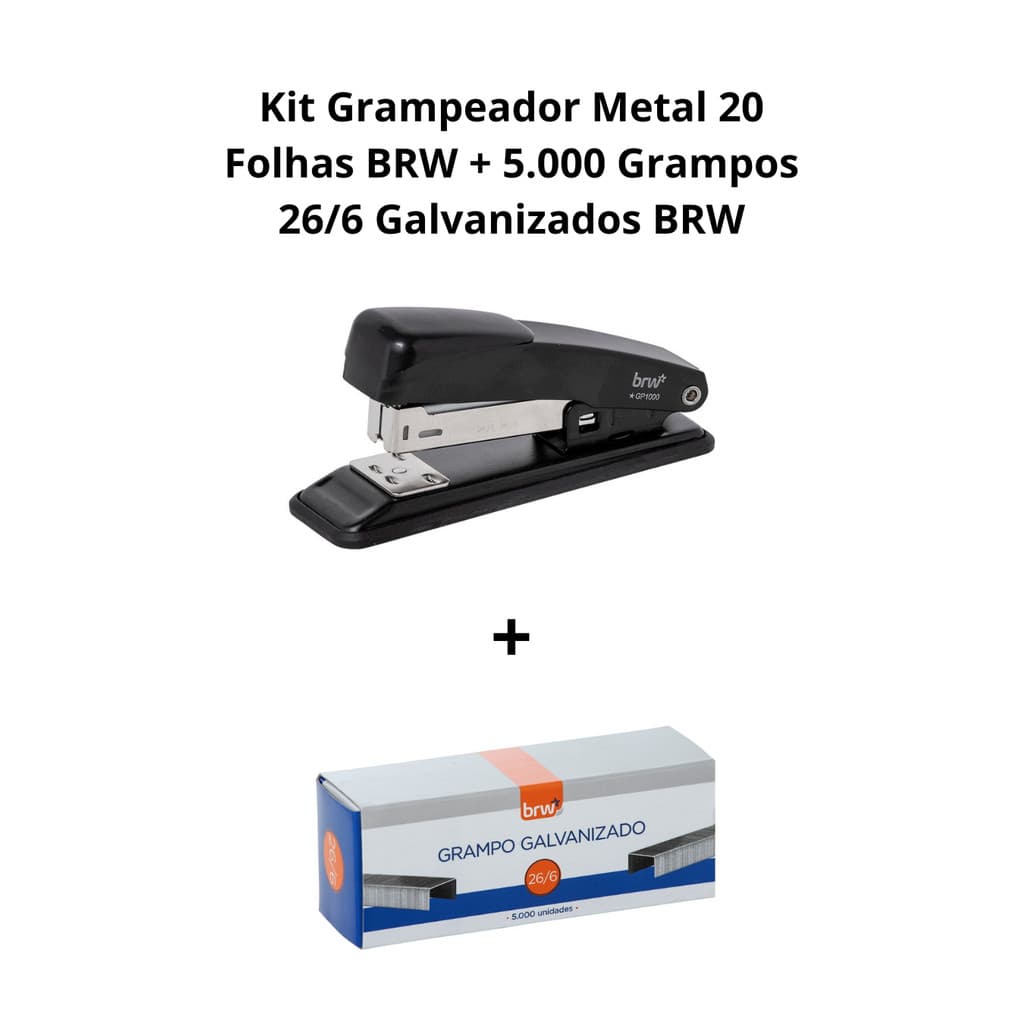 Kit Grampeador 20 folhas BRW + 5.000 Grampos 26/6 Galvanizados BRW
