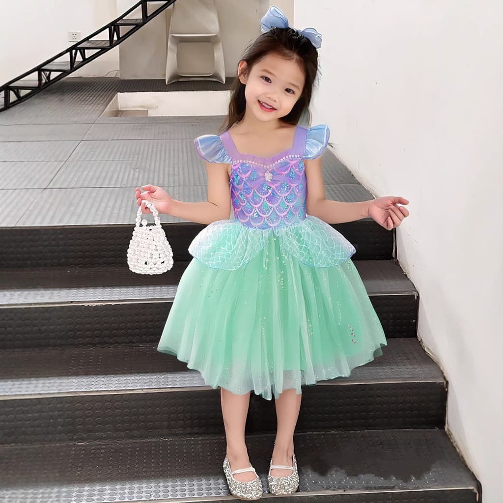 Meninas mangas voadoras estilingue gaze saia bebê menina verão doce lantejoulas traje sereia vestido de princesa