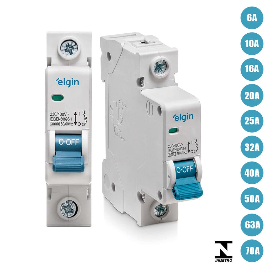 Disjuntor Monopolar Elgin 6A até 70A 1 Polo Din Curva C Bivolt Homologado Inmetro