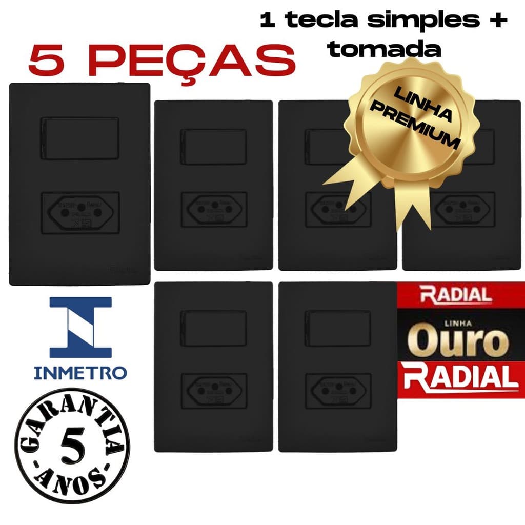 Kit 5 Interruptor 1 Tecla Simples + Tomada 10A /20A Linha Ouro Preto/Branco Fosco Modular
